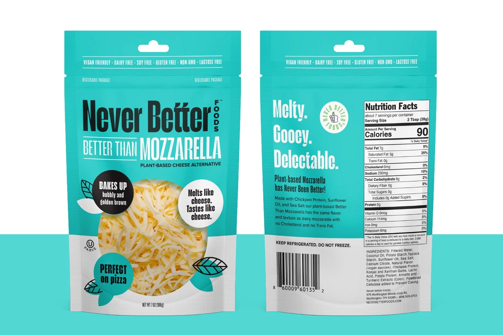 Packaging of Never Better Foods plant-based mozzarella cheese alternative, with front and back views. The front shows a bowl of shredded cheese, and labels indicating it bakes bubbly and golden brown, melts like cheese, and tastes like cheese. The ba