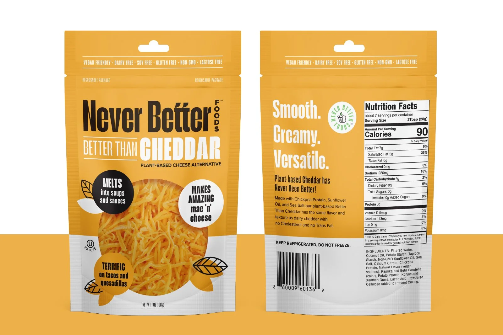 Package of plant-based cheddar cheese alternative with a yellow and white design, showing shredded cheese in a clear window, and nutritional information on the back.