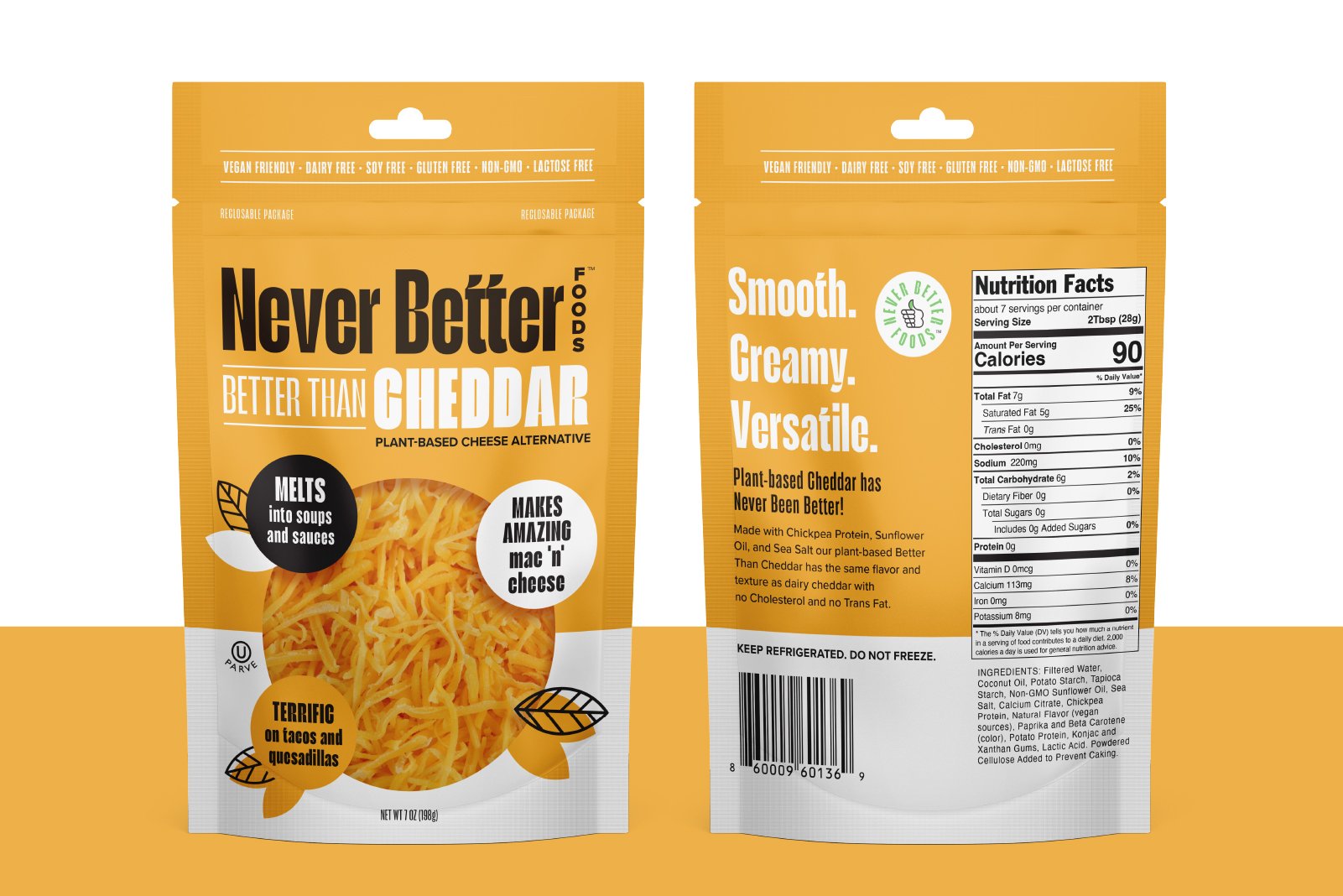 Front and back view of a package of plant-based cheddar cheese alternative called 'Never Better Foods.' The front features a clear window showing shredded cheese inside, with labels highlighting it melts into soups and makes great mac 'n' cheese. The