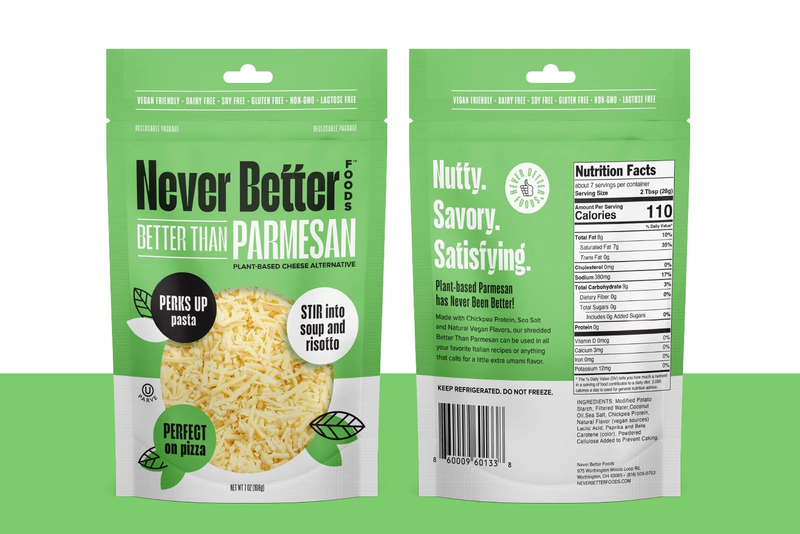 Front and back of a package of plant-based parmesan cheese alternative labeled Never Better Foods, showing branding, nutritional facts, ingredients, and usage suggestions.
