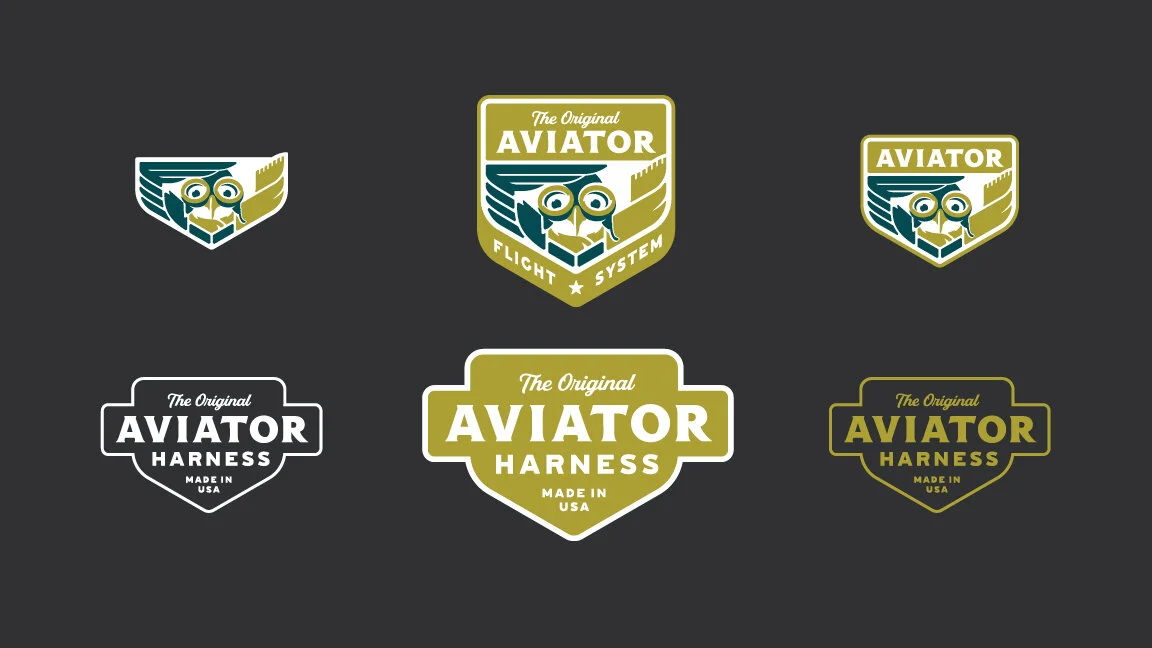 Six different logo designs for AVIATOR flight system or harness, featuring an aviator owl with goggles, in various color schemes and styles, all on a dark background.
