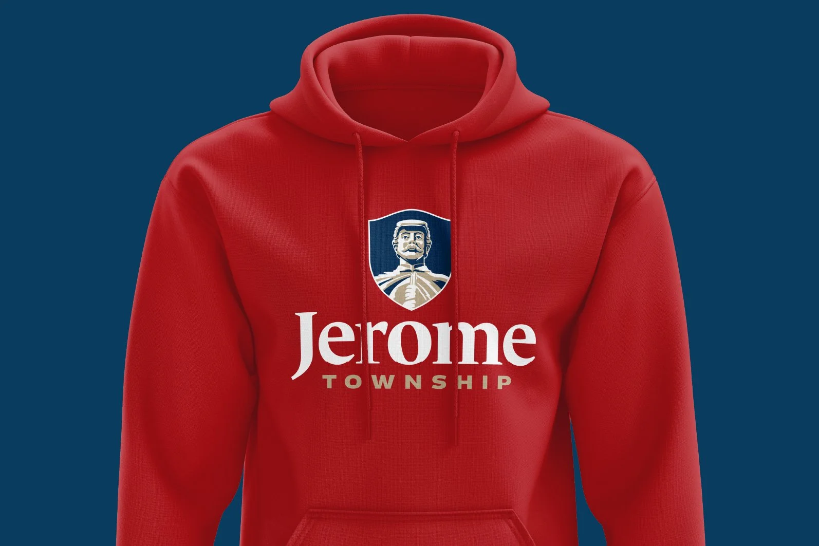 Red hoodie with a logo of a man with a mustache and a military hat, above the text 'Jerome TOWNSHIP' in white and khaki letters.