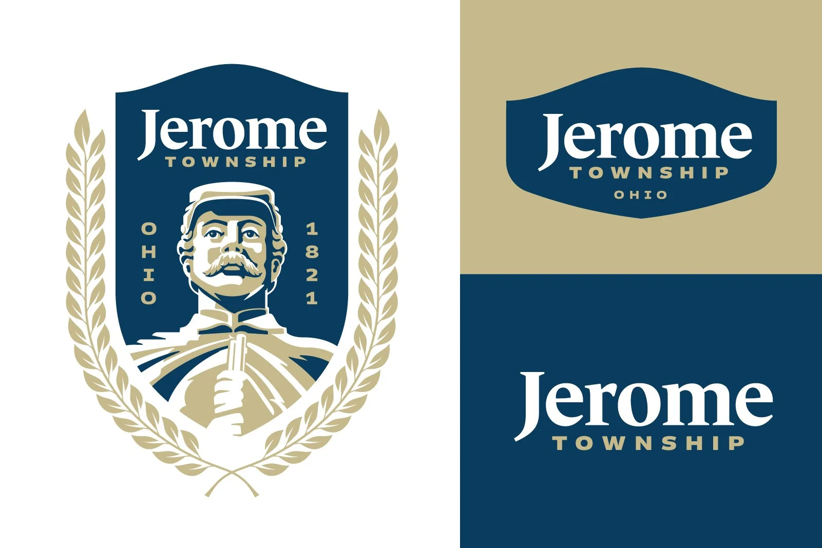 Three different logos for Jerome Township, Ohio. The first features a shield with a bearded man holding a staff, surrounded by a laurel wreath, with the text "Jerome Township 1821 Ohio." The second displays a shield-shaped logo with "Jerome Township 