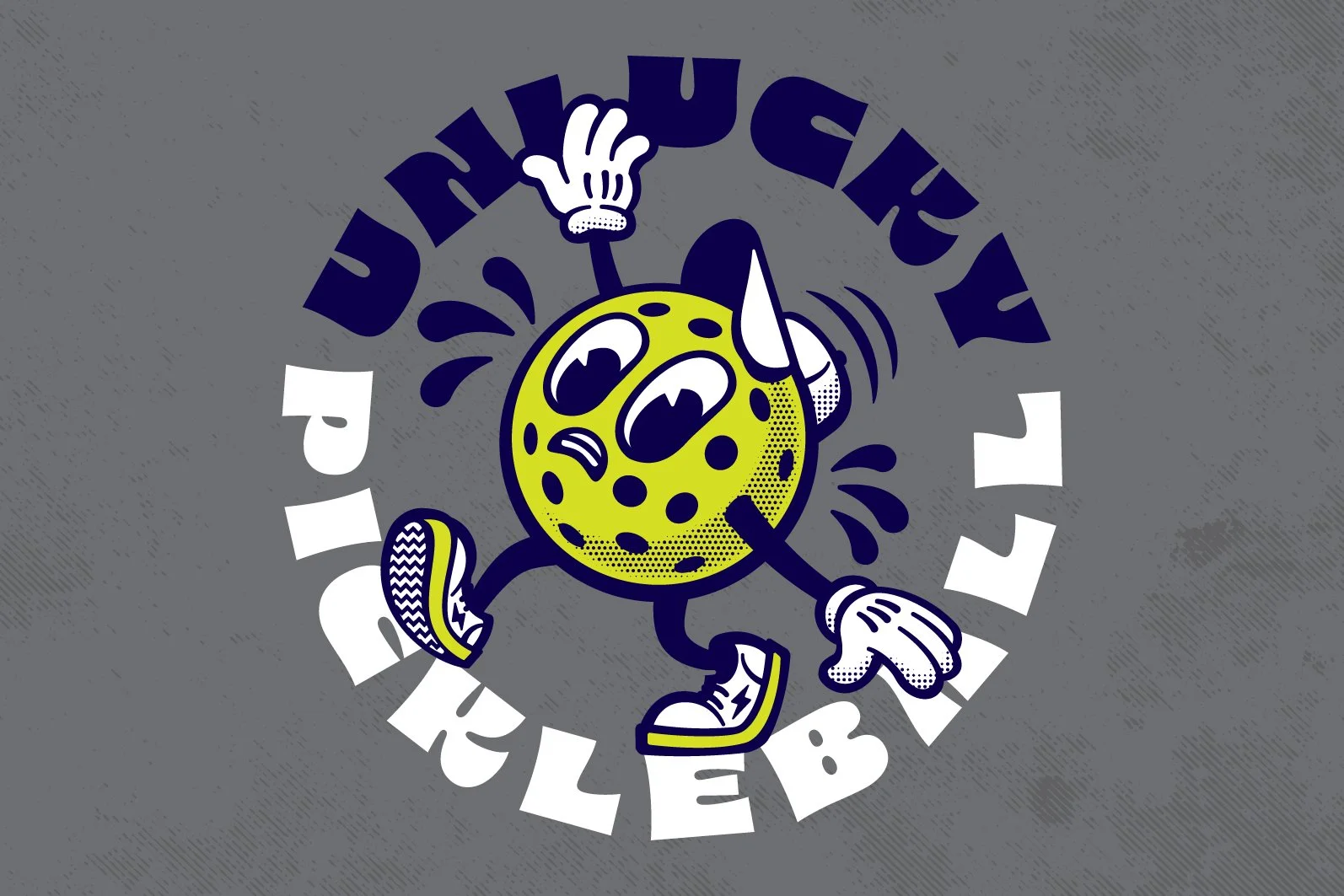 A cartoon illustration of a personified golf ball with arms and legs, running with a determined expression, wearing sneakers and gloves, surrounded by stylized text.