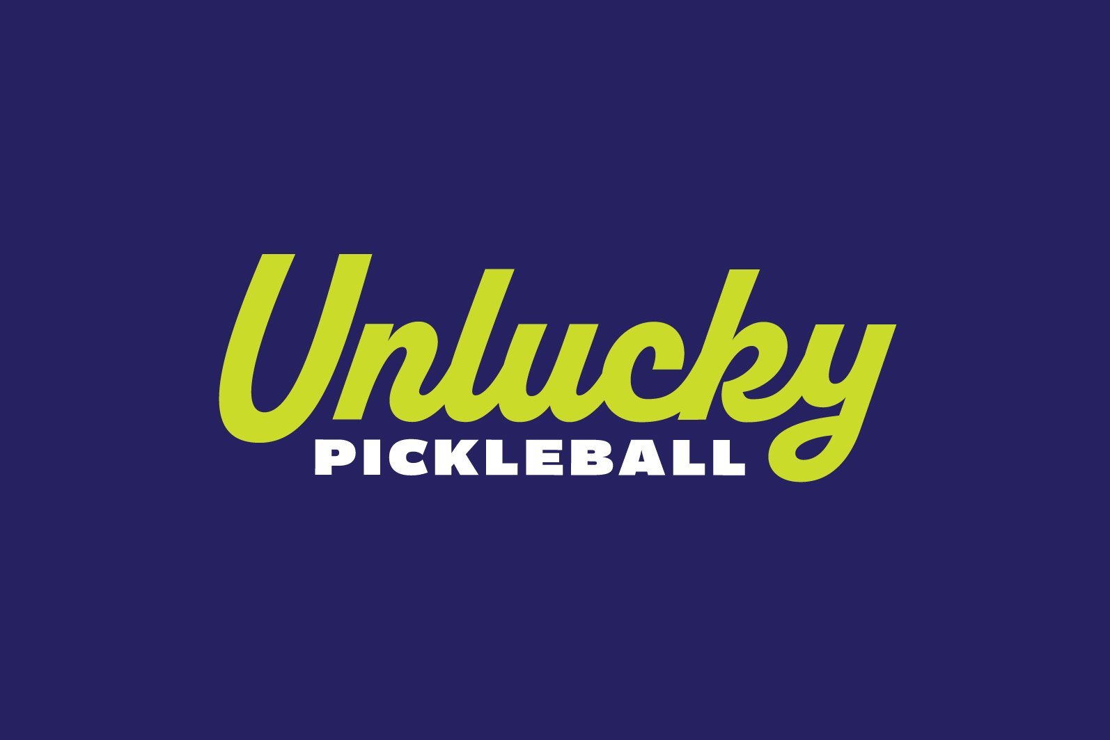 Logo for Unlucky Pickleball with a dark blue background, lime green cursive text saying "Unlucky" and white bold text saying "PICKLEBALL" underneath.