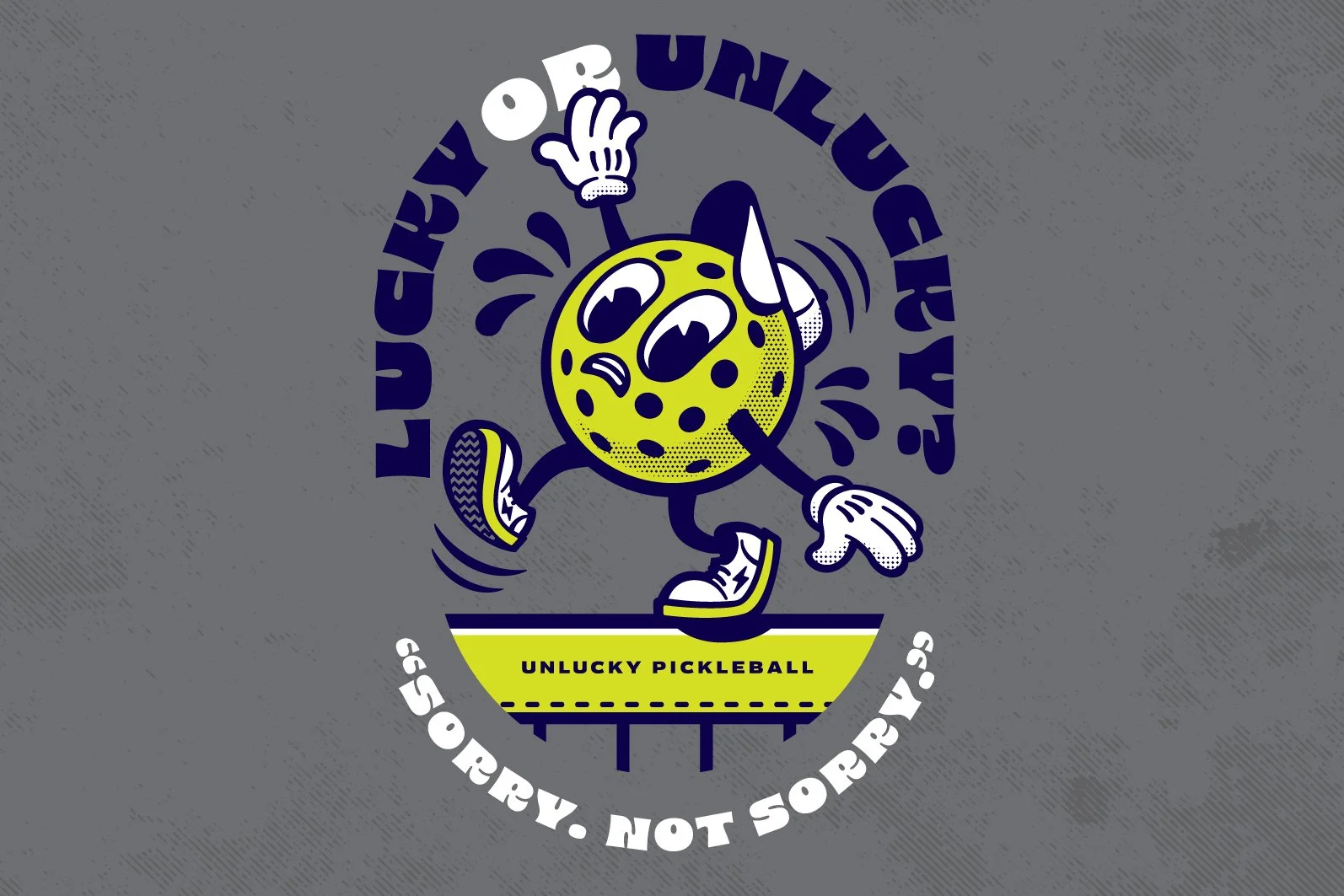 A cartoon pickleball characterized as an unlucky, clumsy character with a yellow, dotted body, running shoes, and gloves, tripping and falling on a pickleball court with the text "Unlucky Pickleball, Not Soggy, Sorry" around.