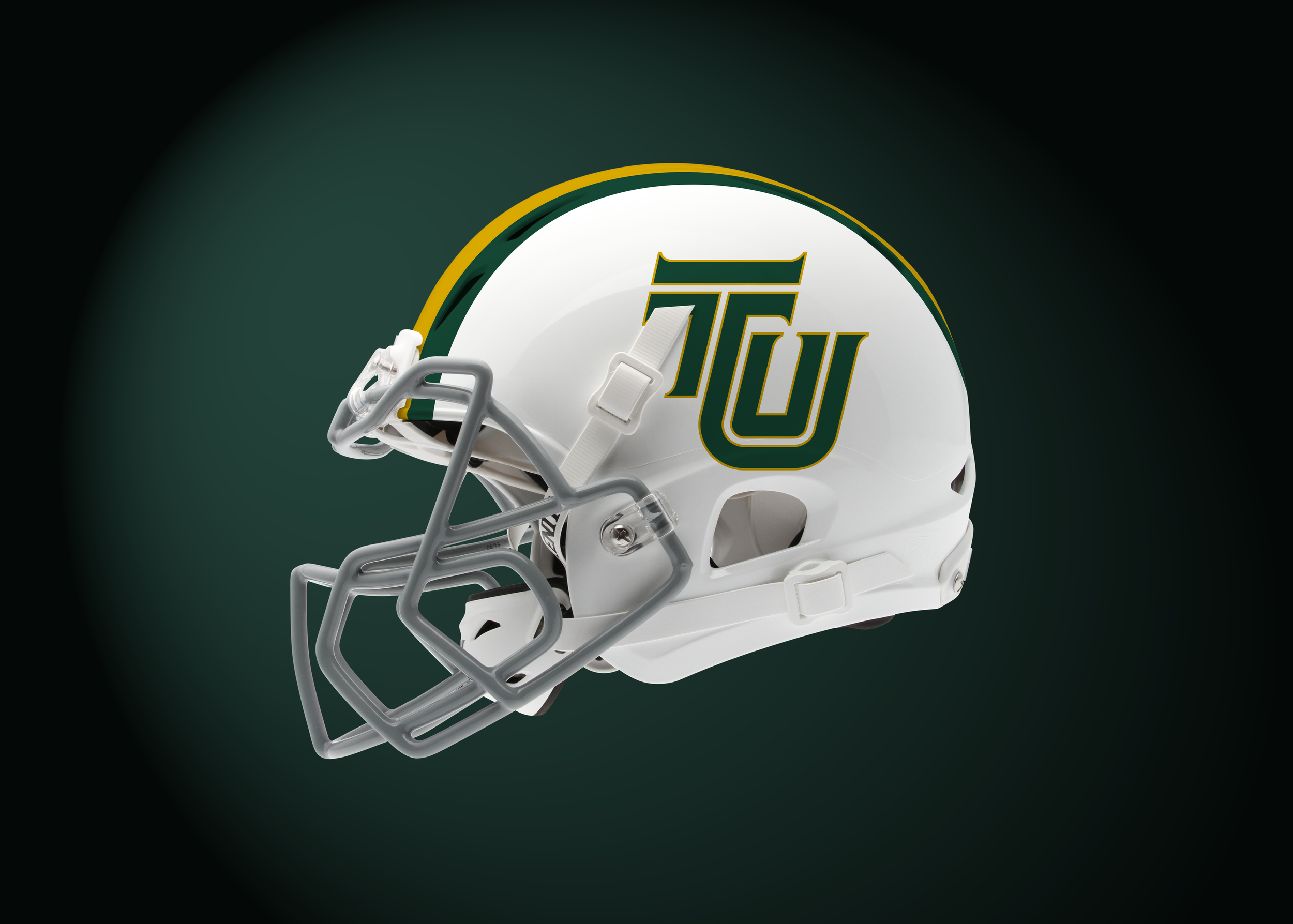 A white football helmet with green and gold accents, featuring the Texas Christian University TCU logo on the side, and a gray face mask, isolated on a dark background.