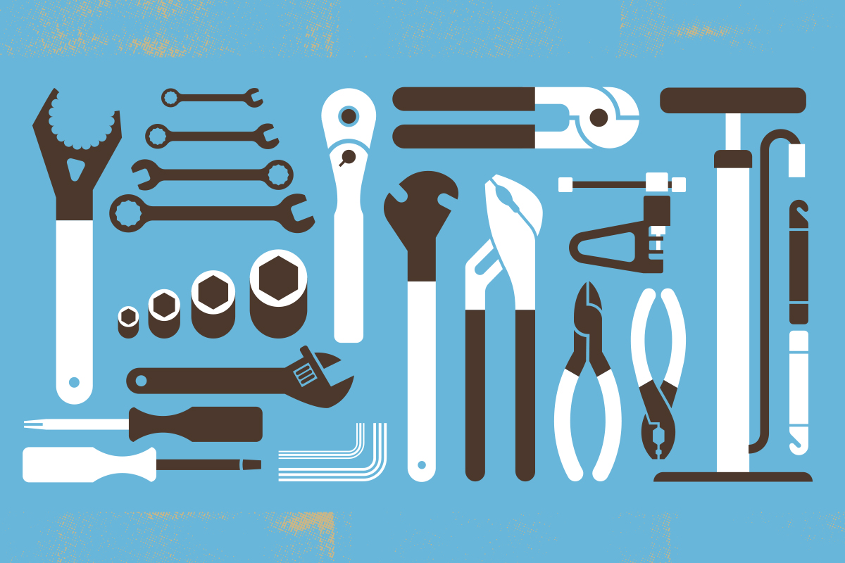 Array of handyman tools including a wrench, screwdrivers, wrenches, nuts, bolts, pliers, a hacksaw, a hacksaw blade, an Allen wrench, a putty knife, a T-handle socket, a pipe wrench, and a telescoping pipe wrench, all on a blue background.