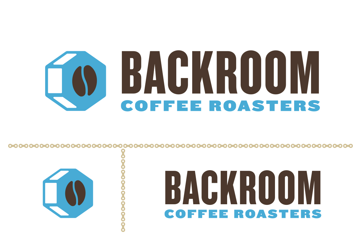 Two copies of a logo for Backroom Coffee Roasters, with a blue coffee bean inside a hexagon, and text in bold brown and blue fonts.