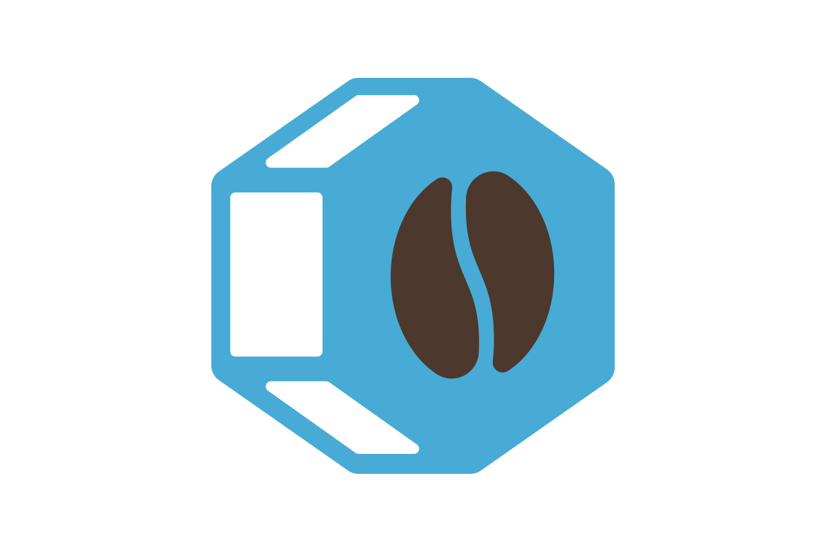 Icon of a coffee bean inside a blue hexagonal shape.