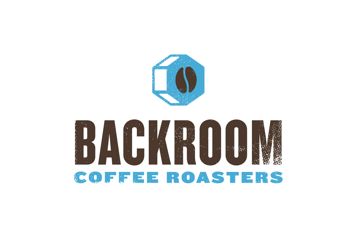 Logo for Backroom Coffee Roasters with a blue hexagon containing a coffee bean icon and the text 'Backroom Coffee Roasters' in bold brown and blue letters.