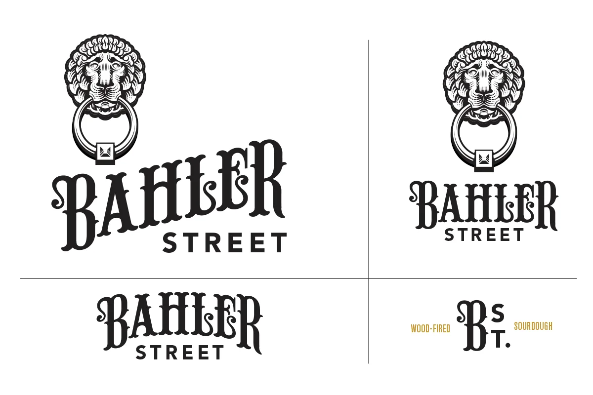 Four variations of a logo for Bahler Street, featuring a lion's head with a ring in its mouth at the top. The logo includes stylized text of 'BAHLER STREET' in different fonts and arrangements, with some versions including phrases like 'WOOD-FIRED' a