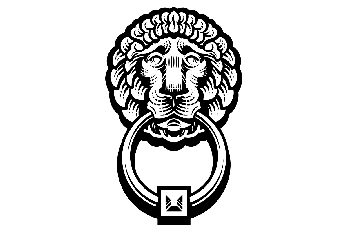 Black and white illustration of a lion's head with a large ring in its mouth, featuring detailed linework.