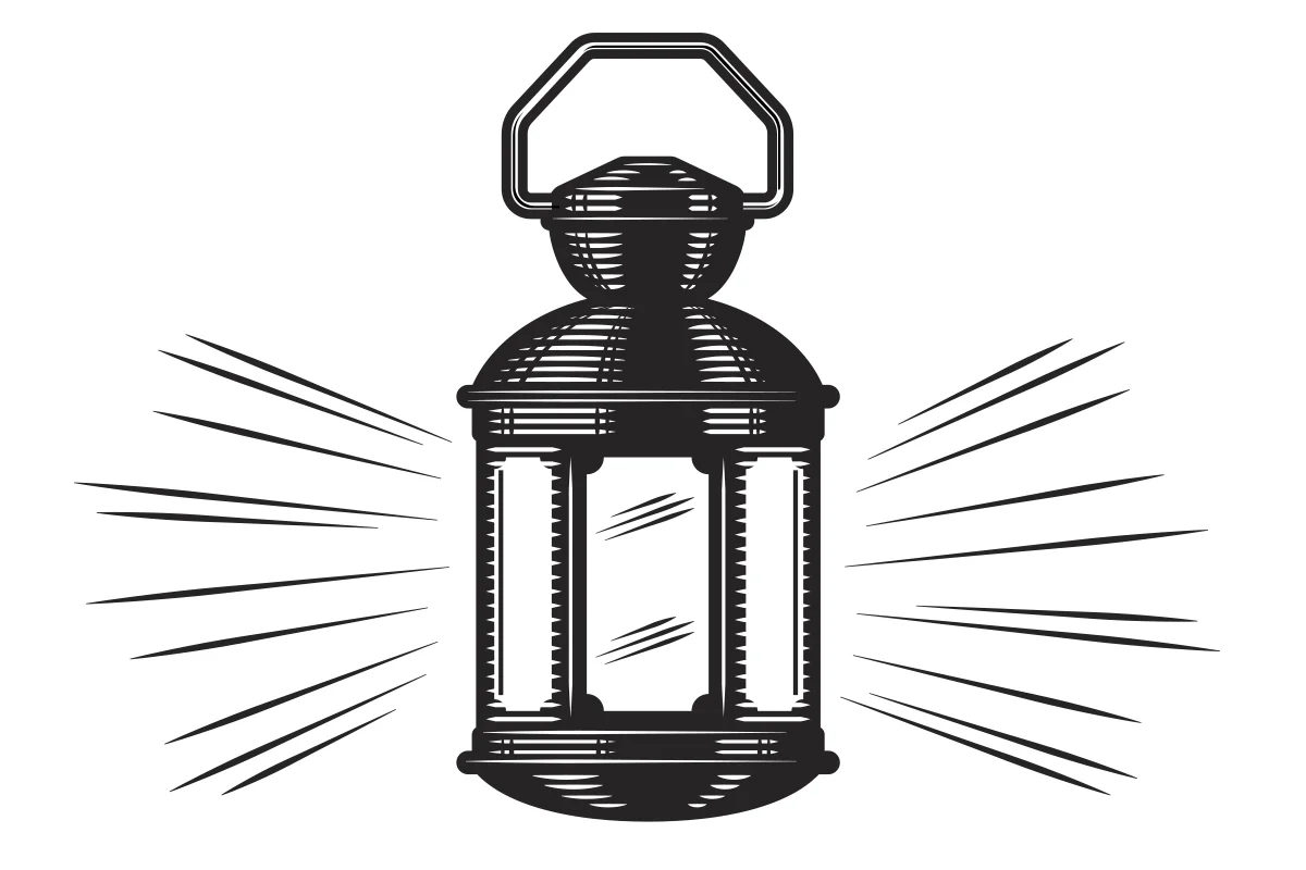 Black and white illustration of a lantern emitting light rays.