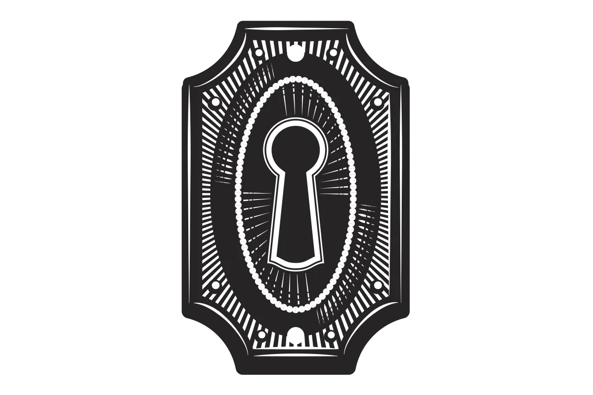 Black and white illustration of a decorative keyhole plate with radial line details.