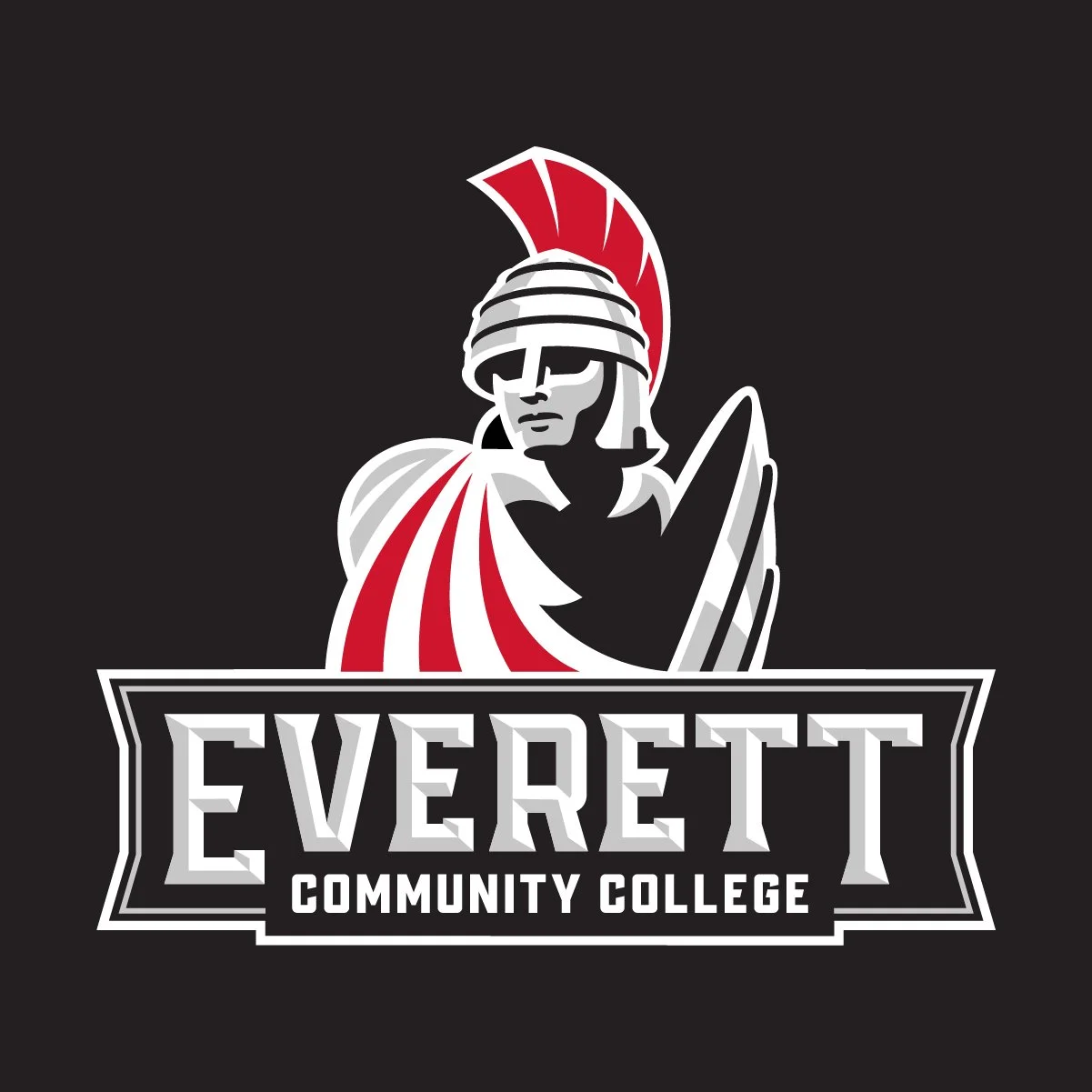 Everett Community College logo featuring a stylized warrior in armor with a red and white helmet and cape, holding a shield, with the college name below in bold letters.
