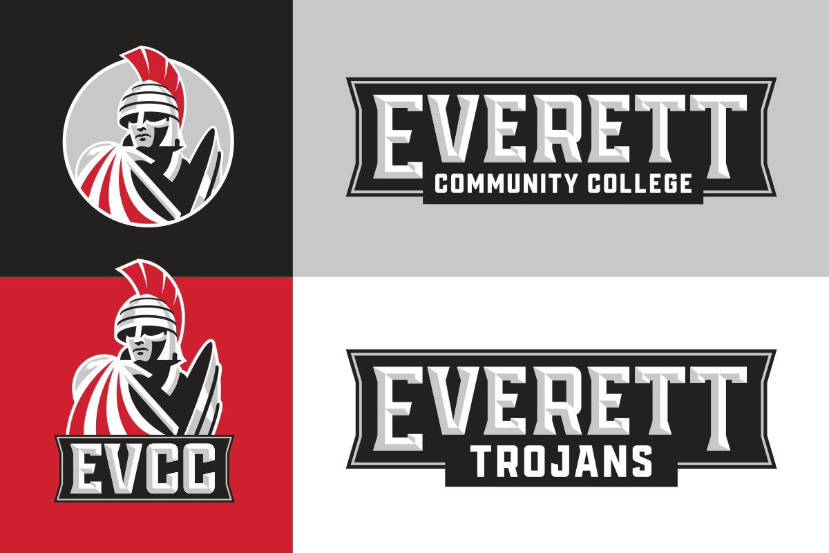 Logos of Everett Community College, its Trojan mascot, and the abbreviation EVCC.