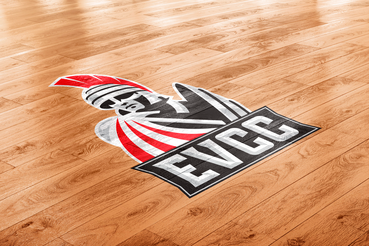 EVGA logo featuring a stylized knight in armor with a red plume, above the word 'EVGA' on a wooden floor.