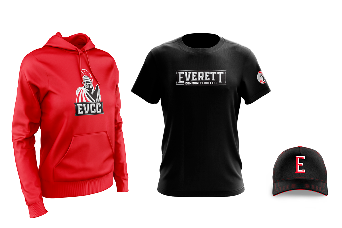 Red hoodie with a logo of a warrior helmet and the letters EVCC, a black T-shirt with the words Everett Community College, and a black cap with a red letter E.