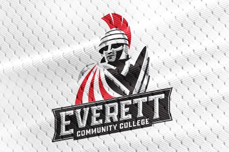Everett Community College logo featuring a stylized warrior wearing a red plume and armor, with text 'EVERETT COMMUNITY COLLEGE' below.