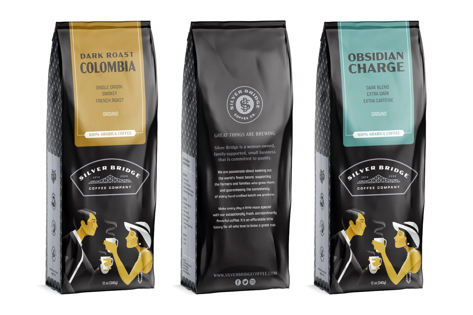 Three bags of Silver Bridge Coffee, with the front and back views. The bags are labeled Dark Roast Colombia, Silver Bridge, and Obsidian Charge, featuring illustrations of a man and woman enjoying coffee, and the Silver Bridge logo.