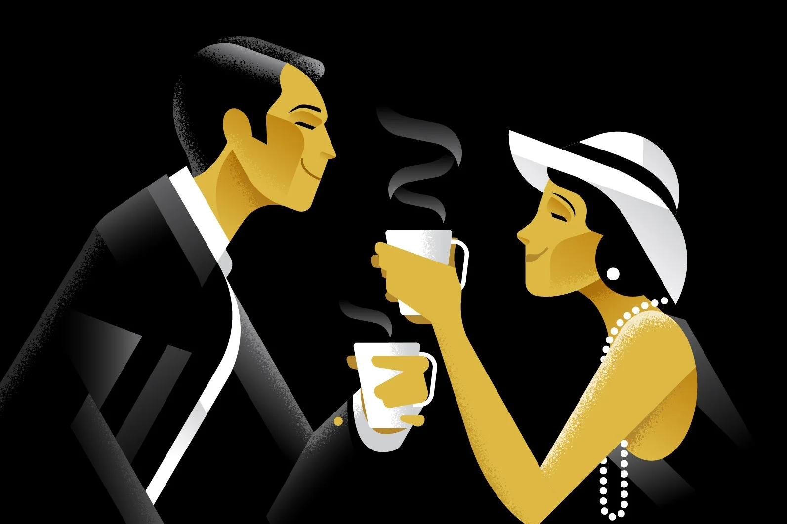 A vintage-style illustration of a man and woman sharing a coffee, smiling at each other, with the woman offering the coffee.