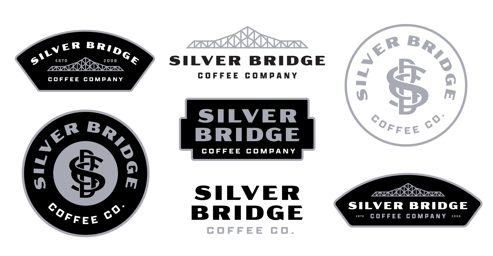 Collection of six logos for Silver Bridge Coffee Company featuring bridge and coffee-themed designs in black, gray, and white colors.