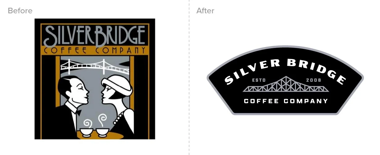 Comparison of two logo designs for Silver Bridge Coffee Company, with the first being a colorful illustrated version and the second a black and white simplified version.