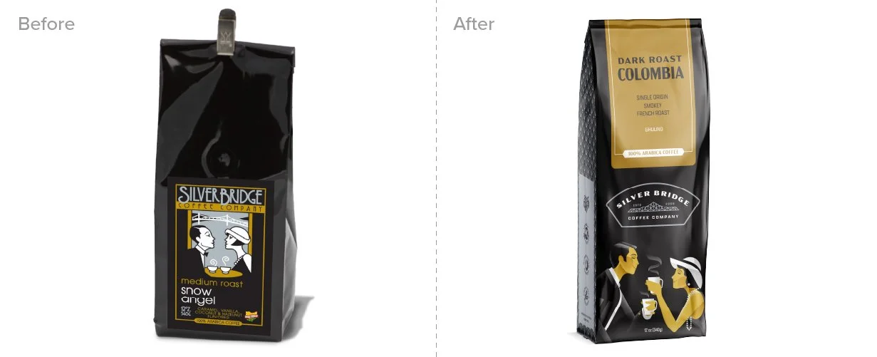 Before and after images of a coffee bag. The original black bag with a label reading 'Silver Bridge Coffee Company, medium roast snow angel.' The updated bag has a yellow label reading 'Dark Roast Colombia,' featuring illustrations of a man and woman drinking coffee.