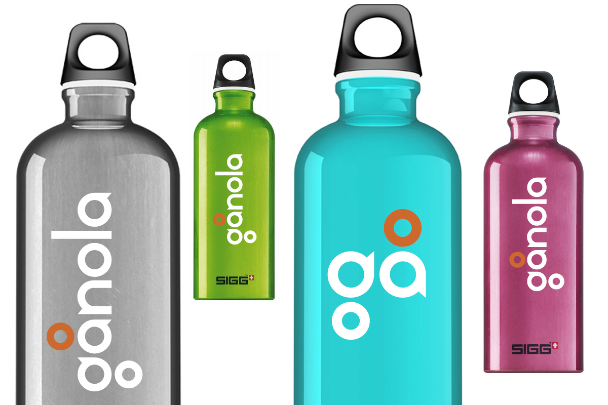 Four colorful reusable bottles of different sizes featuring the goodies logo in white and the SIGG logo in black.