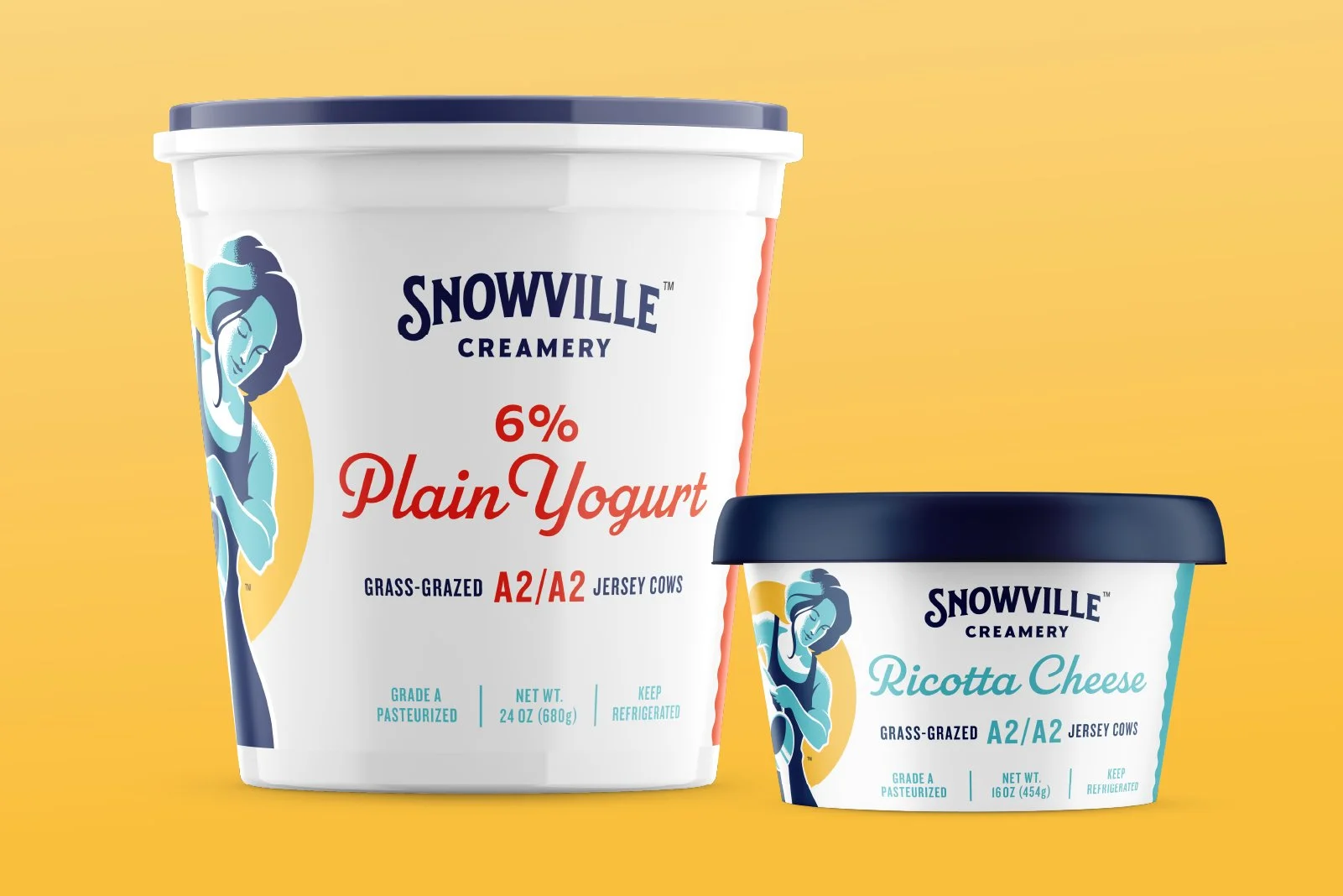 Two containers of Snowville Creamery dairy products against a yellow background. The larger container is plain yogurt, and the smaller one is ricotta cheese. Both are labeled grass-grazed A2/A2 Jersey cows.