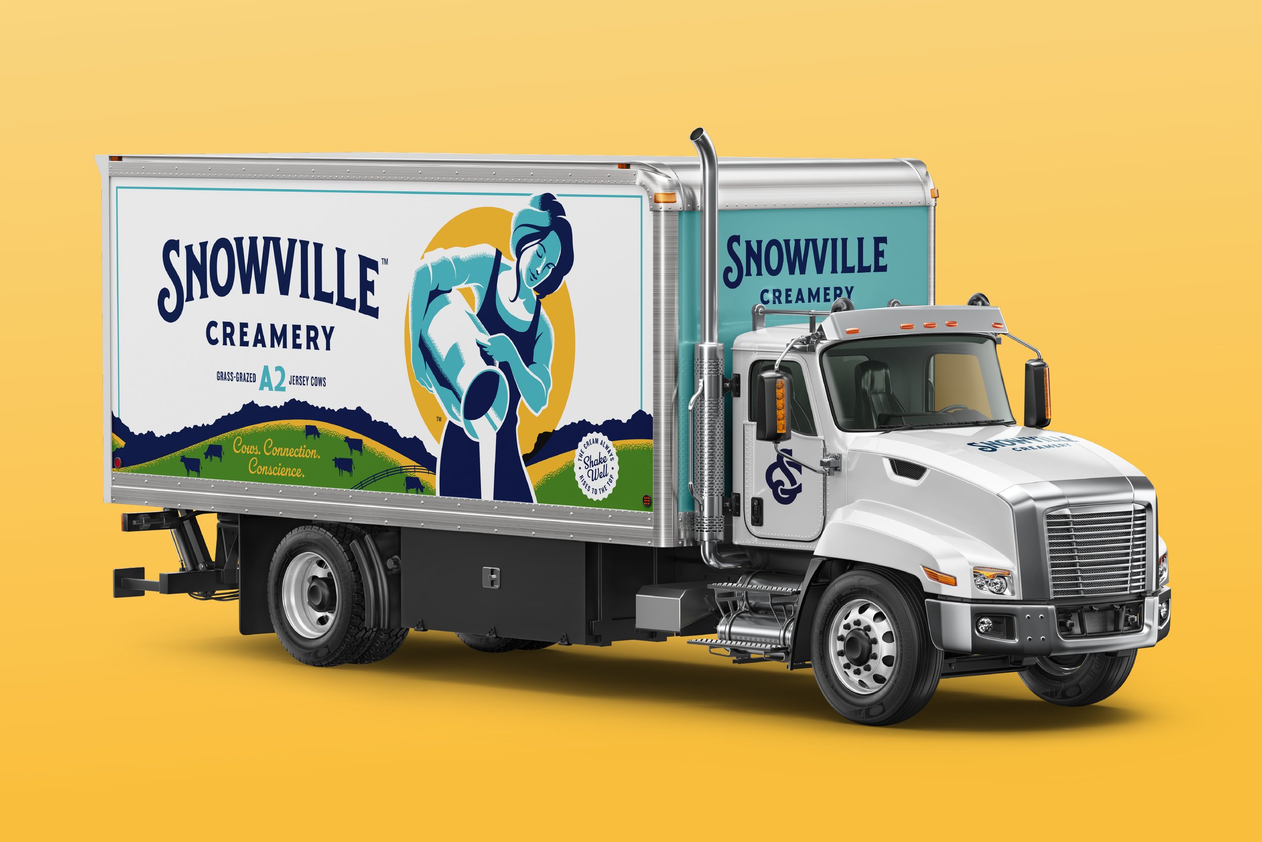 A delivery truck for Snowville Creamery featuring colorful branding, including a woman pouring milk with a sunset and cows in a pasture on the side.