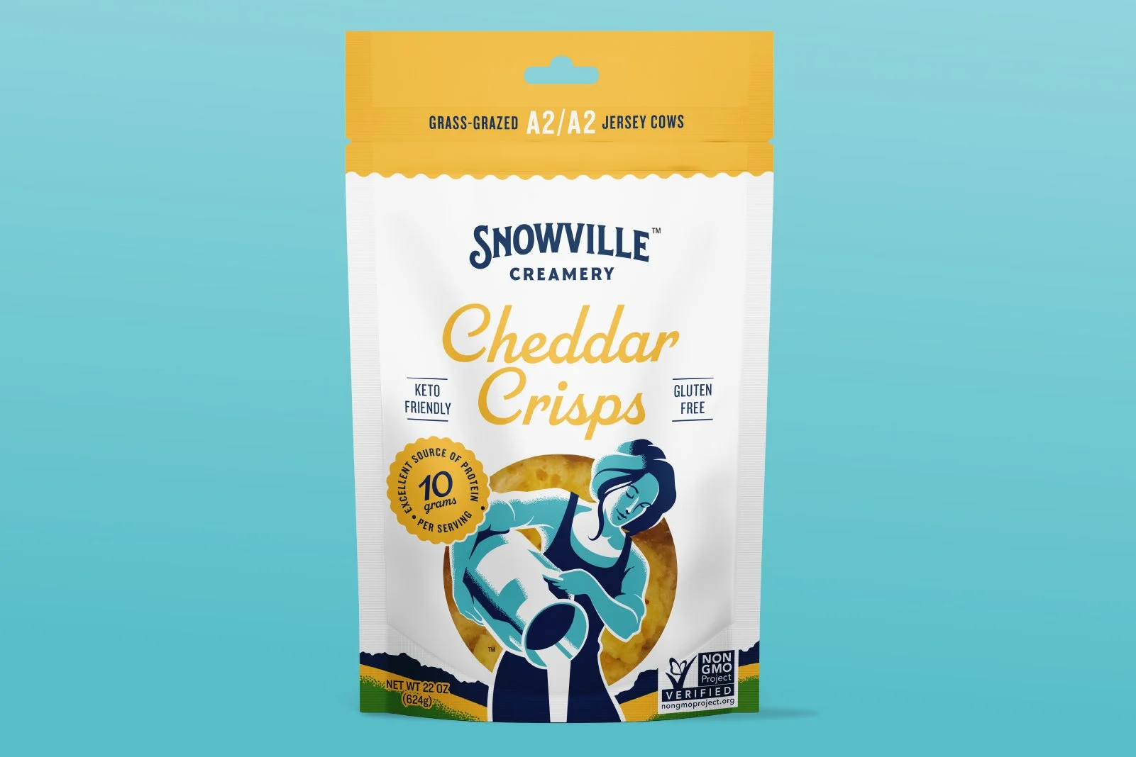 A bag of Snowville Creamery Cheddar Crisps, grass-grazed A2/A2 Jersey cows, gluten free, keto friendly, with a woman pouring cheese crisps into a bowl.