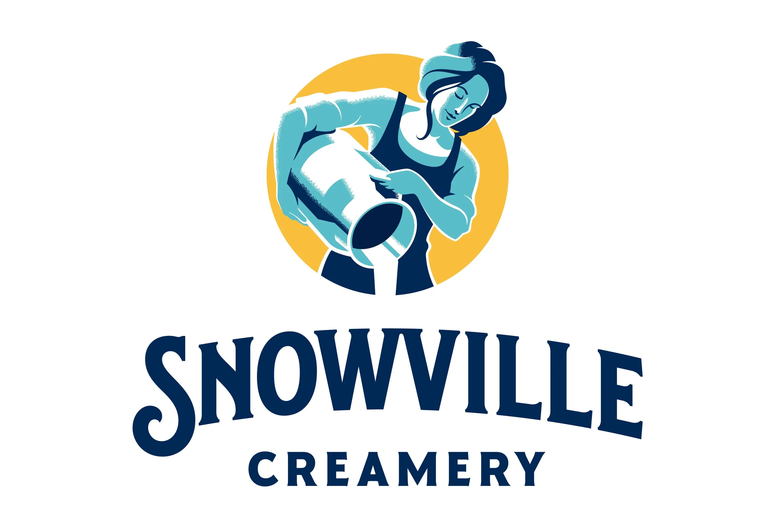 Illustration of a woman pouring ice cream from a bucket, with the text 'Snowville Creamery' below.