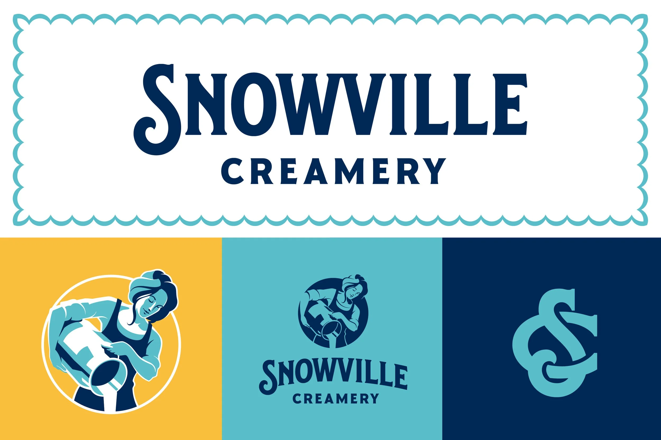 Logo for Snowville Creamery featuring a stylized illustration of a woman pouring milk, the name 'Snowville Creamery' in bold letters, and a decorative border with three distinct color backgrounds.