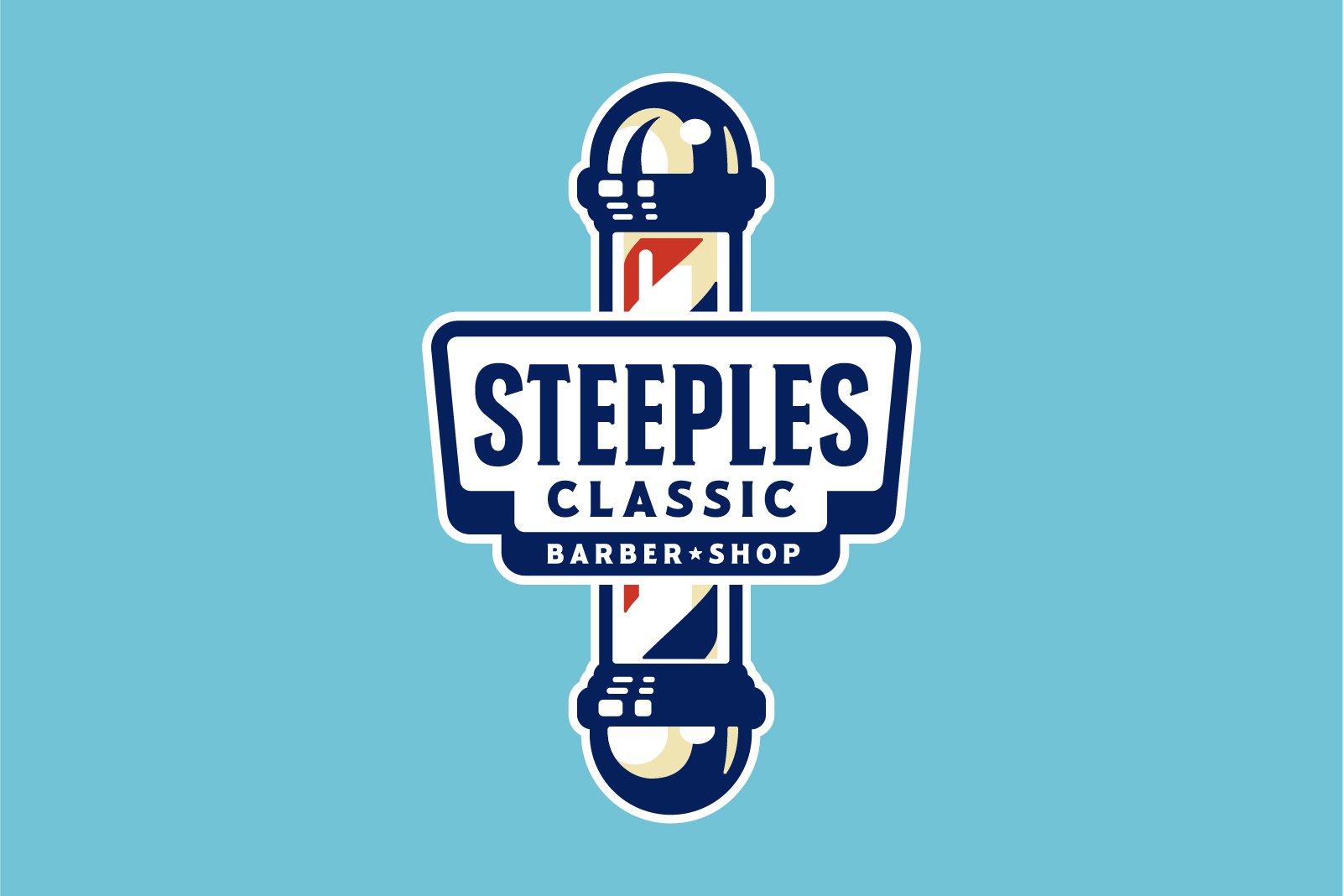 Logo of Steeples Classic Barber Shop featuring a traditional barber pole with red, white, and blue stripes, and the text "Steeples Classic Barber Shop".