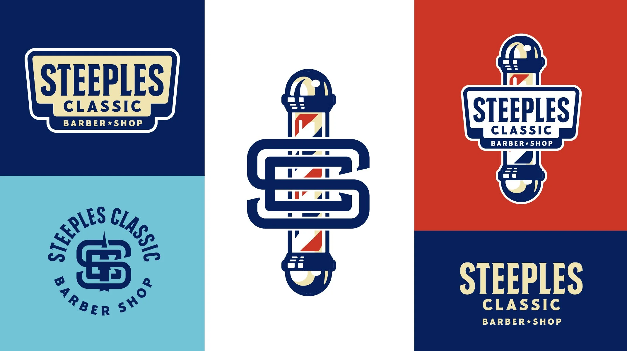 A collage of four images featuring a barber shop logo with the text "Steeples Classic Barber Shop" and a traditional barber pole design, in navy blue, light blue, and red backgrounds.