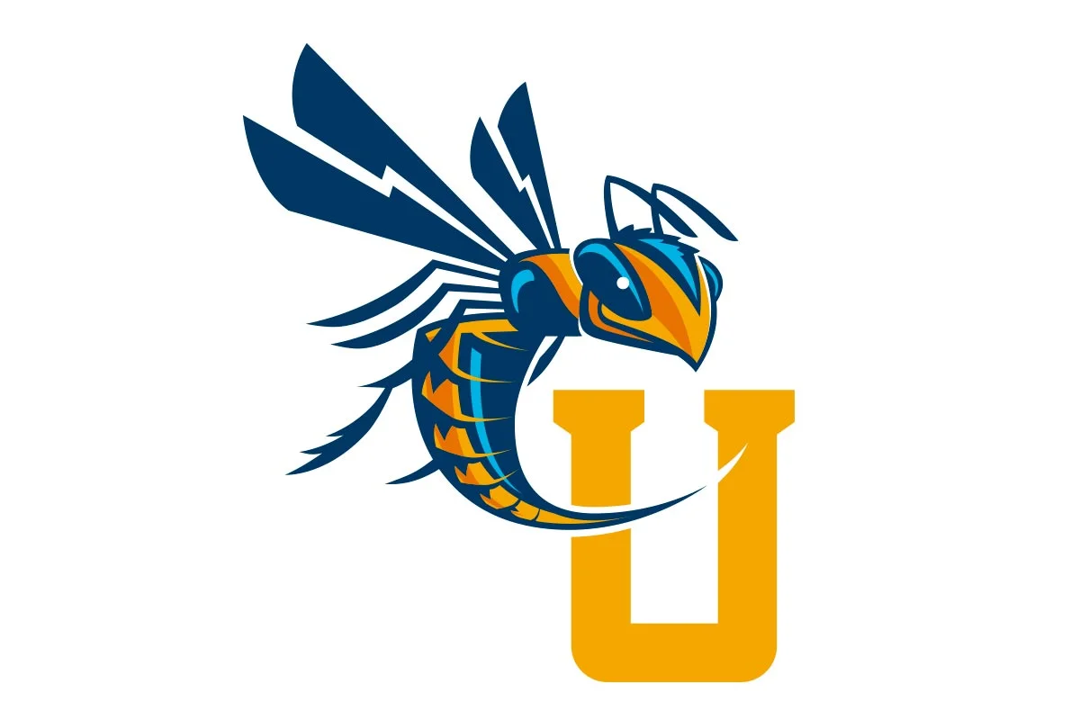 A graphic of a wasp with blue, orange, and black colors next to a large yellow letter 'U'.