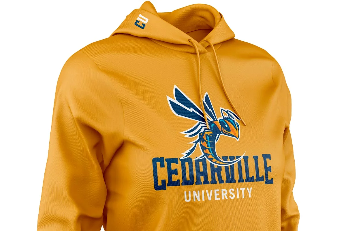 Gold cedar alma university hoodie with a dragon mascot and blue lettering.