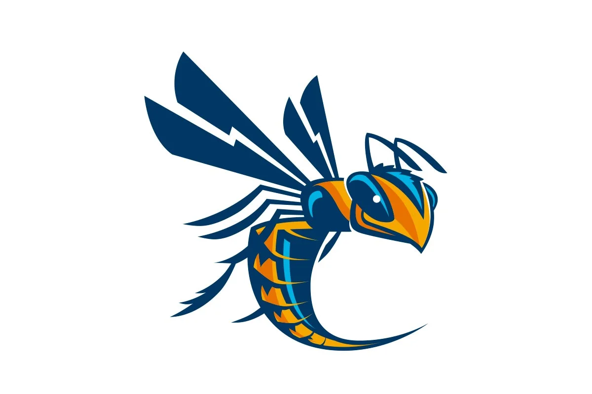 A stylized illustration of a wasp with blue, orange, and black colors.