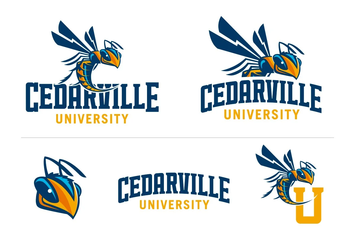Set of four Cedarville University logos featuring a wasp mascot with blue and yellow colors, with text "Cedarville University".