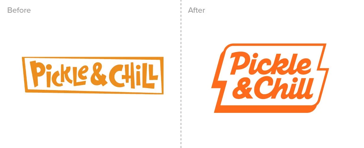 Comparison of old and new logo for Pickle & Chill, with the new logo featuring a more stylized font and an orange outline around the text.