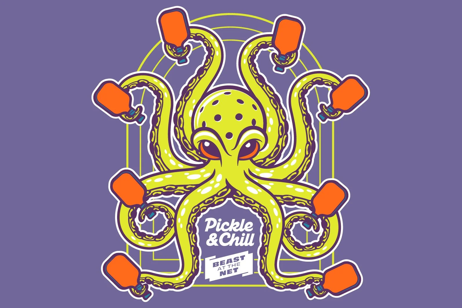 A cartoon illustration of a yellow octopus holding orange skateboards with eight skateboards around it, set against a purple background. Text reads 'Pickle & Chill' and 'Beast at the Net'.