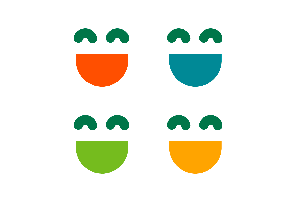 Four pairs of colorful, cartoon-style smiley face shapes arranged in a 2x2 grid with white background.