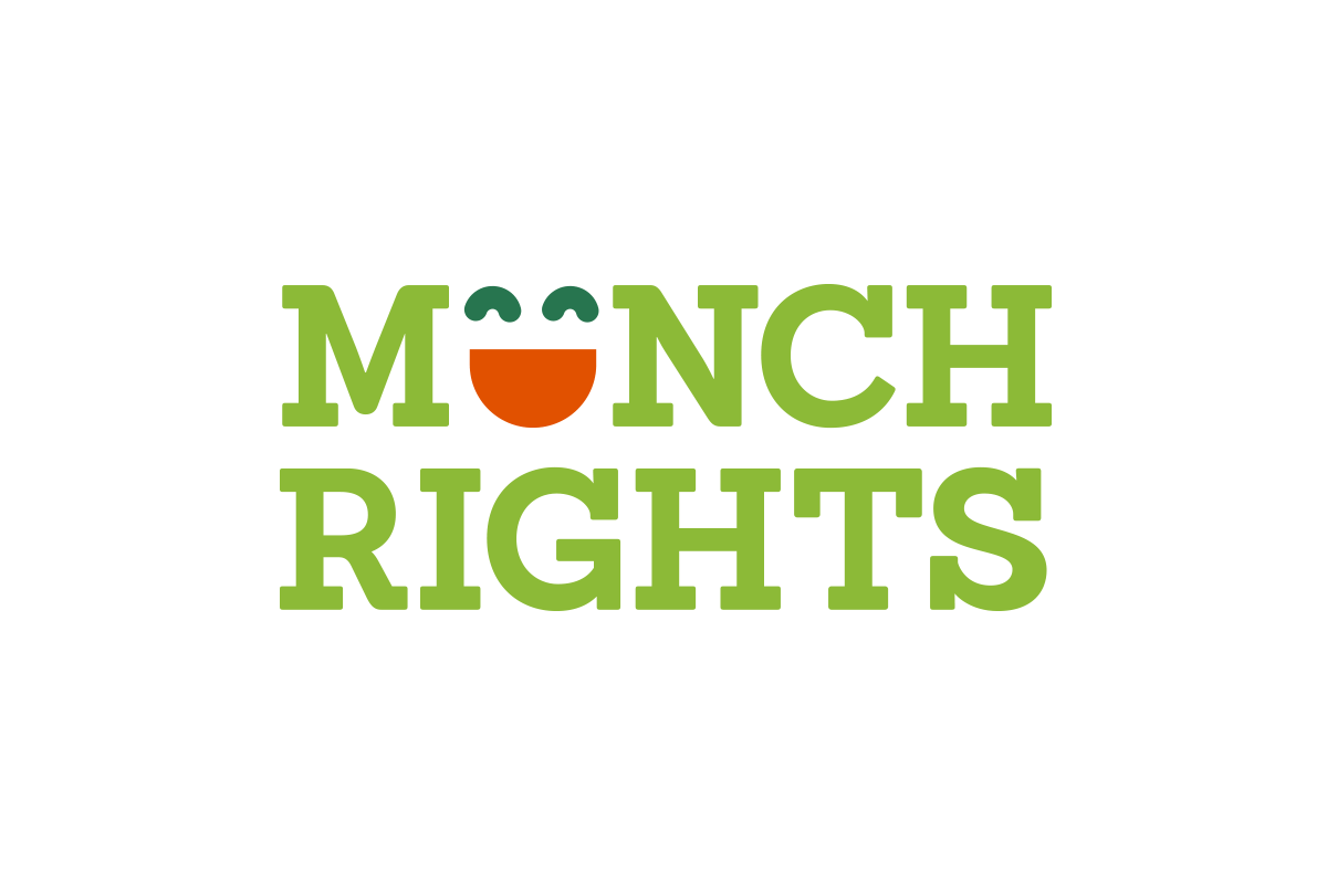 Logo with the words 'Munch Rights', with the 'O' in 'Munch' replaced by a smiling face with green cheeks and a red mouth.