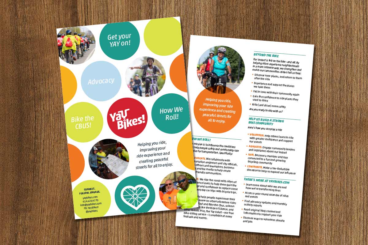 Colorful flyer promoting bike advocacy and community events, featuring images of people riding bicycles and participating in bike-related activities.