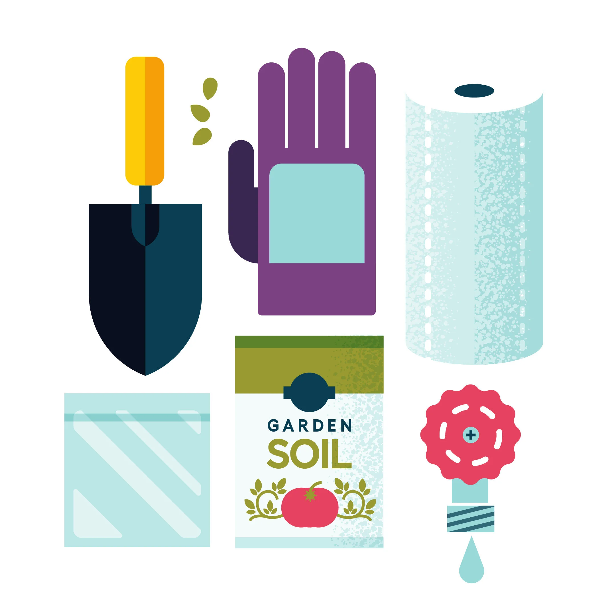 Illustration of gardening tools, including a trowel, gloves, a watering can, and a soil bag with a flower, in a flat design style.