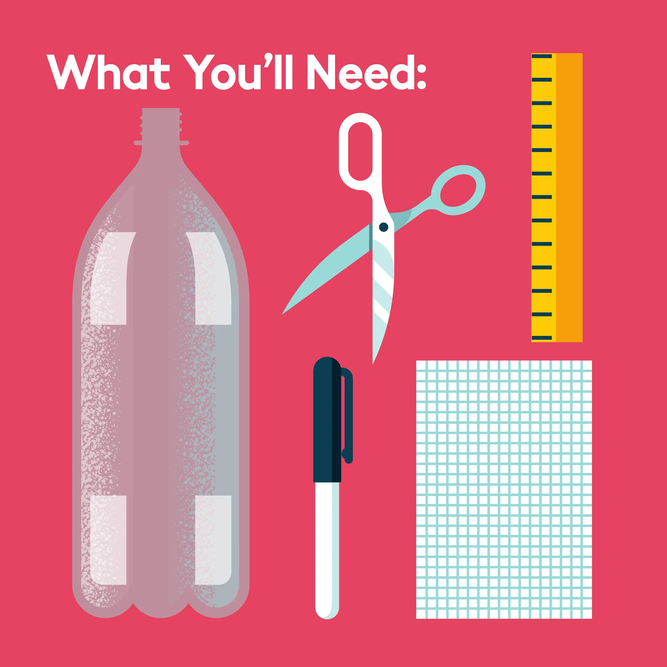 A graphic showing DIY craft supplies on a pink background, including a plastic bottle, scissors, a ruler, a black pen, and a folded piece of fabric or paper, with the text 'What You'll Need:' at the top.