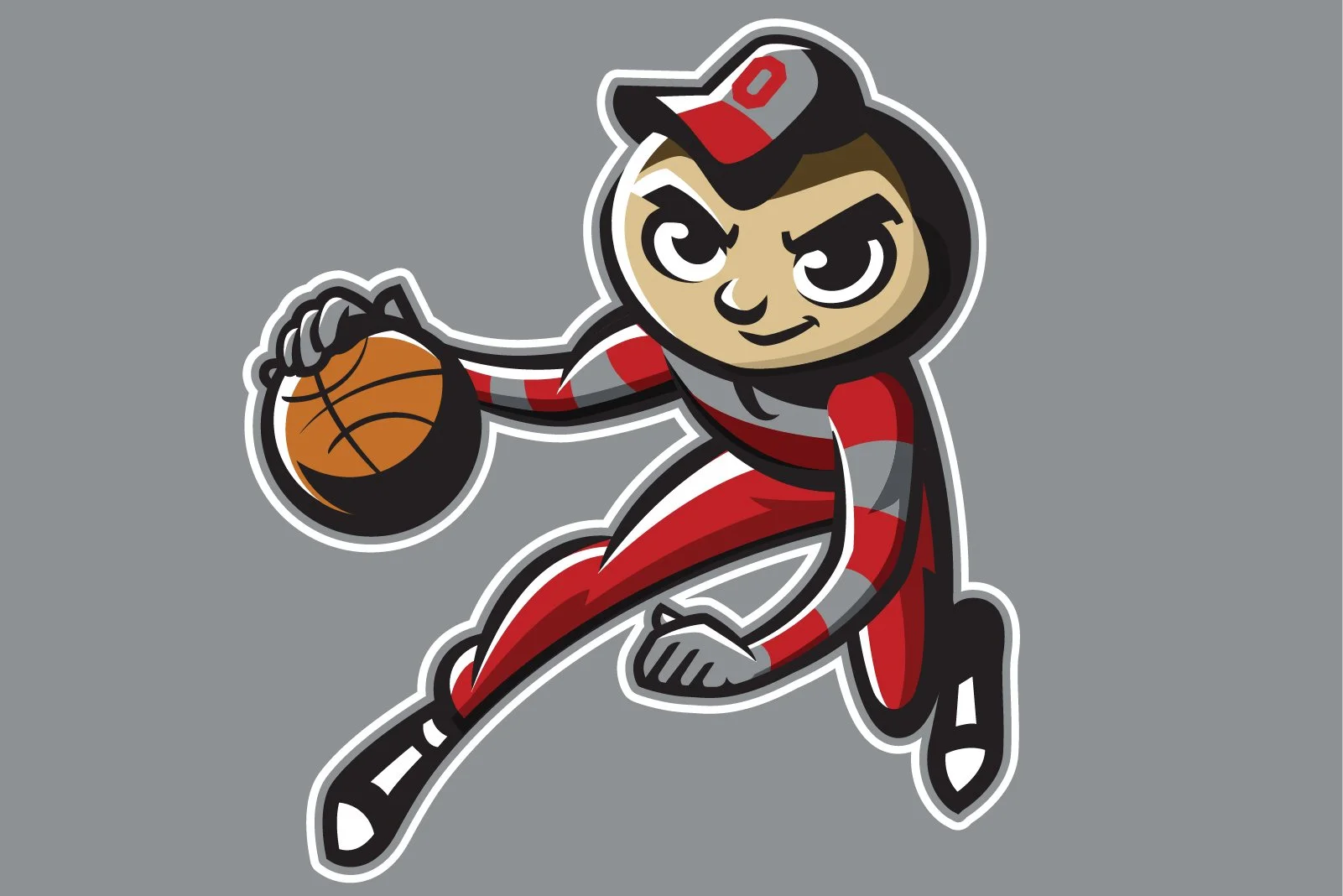 Cartoon character in red and gray basketball uniform holding a basketball, on a gray background.