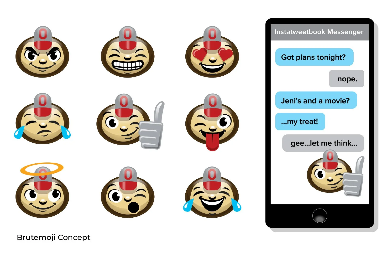 A collection of nine cartoon emojis resembling a chick with various facial expressions and gestures, including angry, grinning, loving, crying, thumbs up, sticking out tongue, halo, surprised, and laughing, next to a smartphone depicting a chat conve